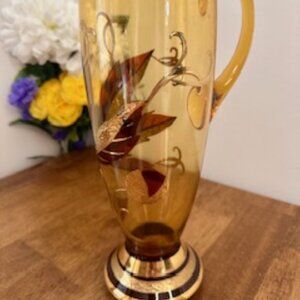 Vintage Amber Glass Pitcher with Gold and Red Leaf Design – Hand Painted Mid-Cen